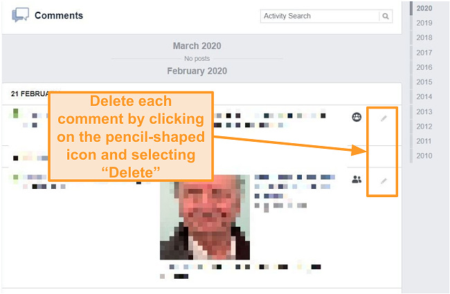 Screenshot of how to delete comments on Facebook