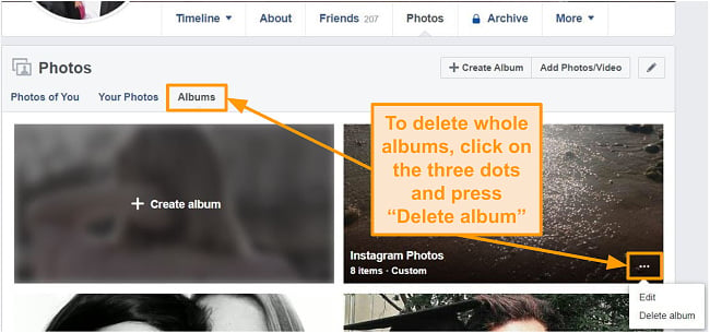 Screenshot of how to delete whole albums on Facebook