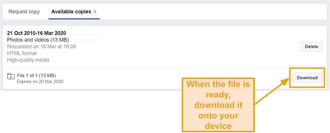 Screenshot of Facebook files ready to be downloaded