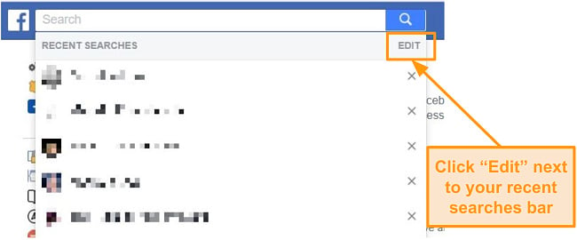 Screenshot of how to access Facebook search history settings