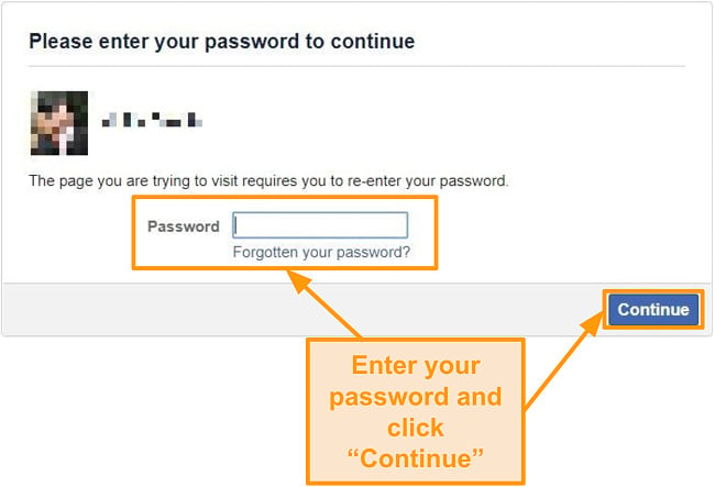Screenshot of entering Facebook password