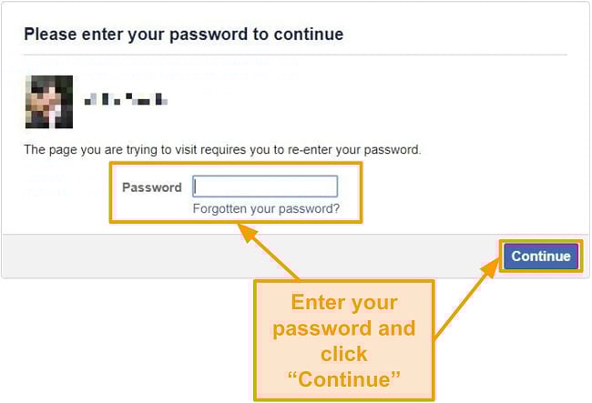 Screenshot of entering Facebook password