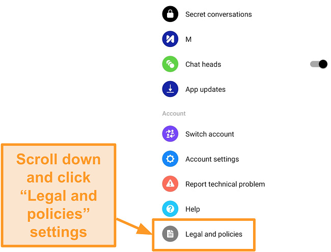 Screenshot of Legal and policies settings in Messenger