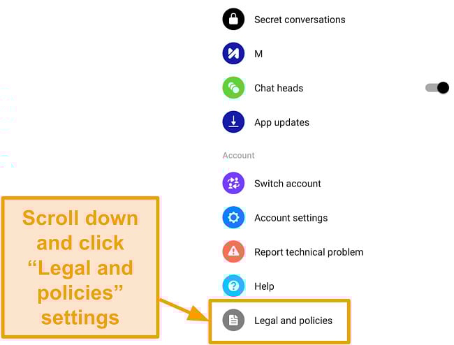 Screenshot of Legal and policies settings in Messenger
