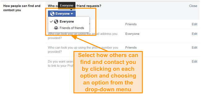 Screenshot o limiting how people can contact you on Facebook