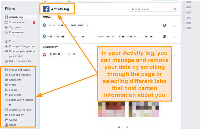 Delete your information found in Activity log