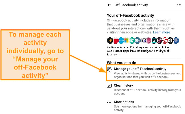 Screenshot of how to manage your off-Facebook activity