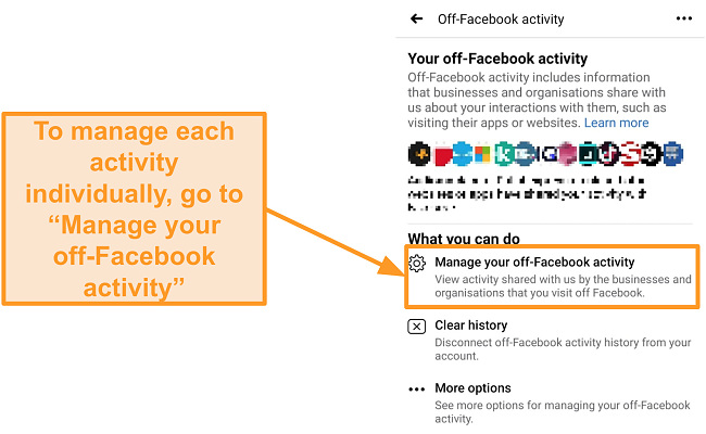 Screenshot of how to manage your off-Facebook activity