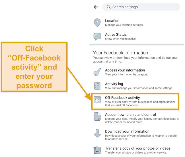 Screenshot of where to find off-Facebook activity settings