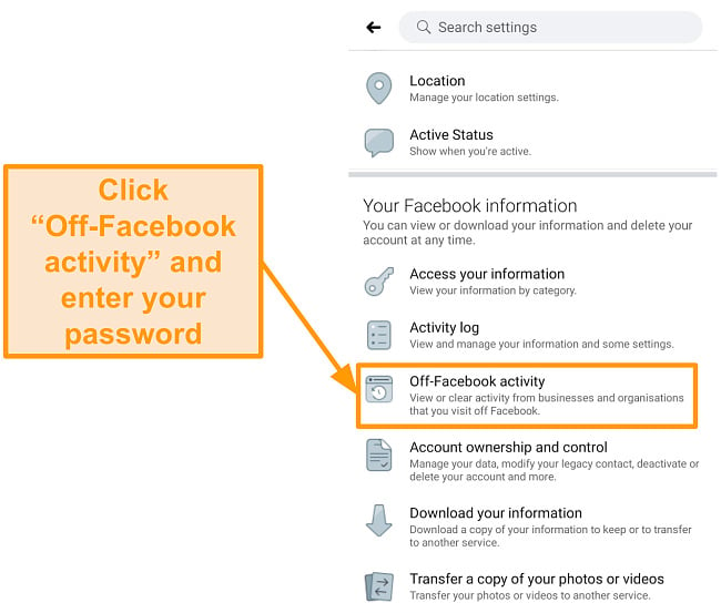 Screenshot of where to find off-Facebook activity settings