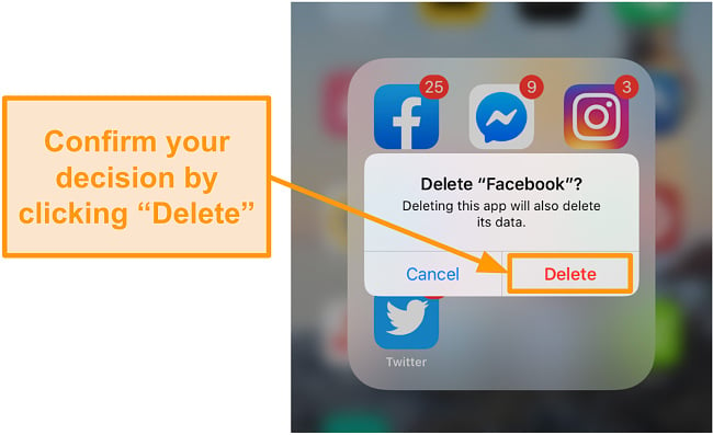 Screenshot of deleting the Facebook app on iOS