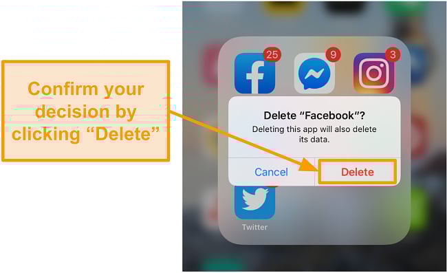 Screenshot of deleting the Facebook app on iOS