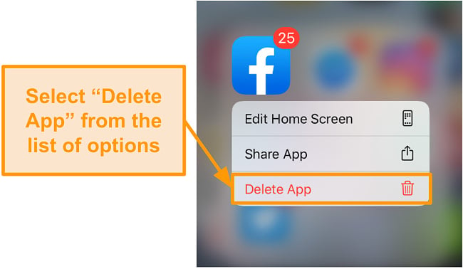 Screenshot of how to delete the Facebook app on iOS