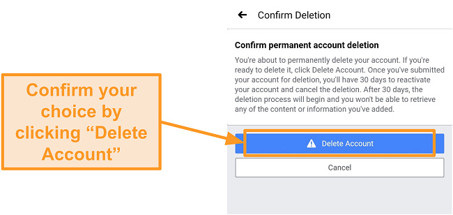 Screenshot of confirming account deletion on a phone
