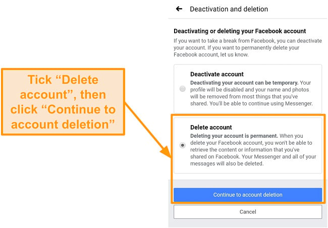 Screenshot of how to continue to account deletion on the mobile app