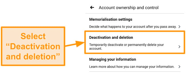 Screenshot of how to access account deletion on the mobile app