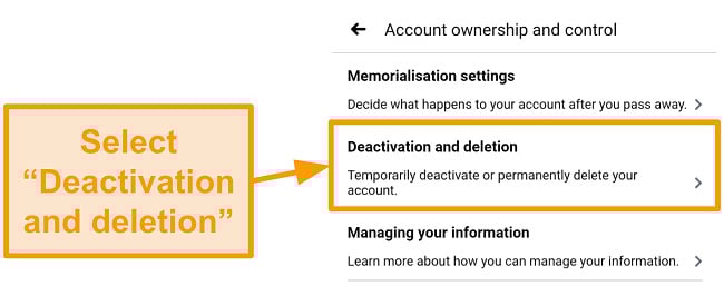 Screenshot of how to access account deletion on the mobile app