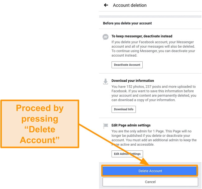 Screenshof of how to proceed with Facebook account deletion through a mobile app