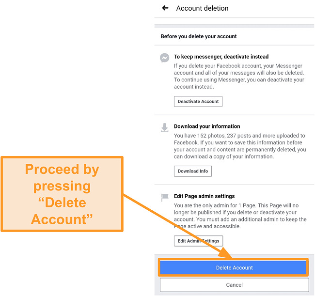 Screenshof of how to proceed with Facebook account deletion through a mobile app