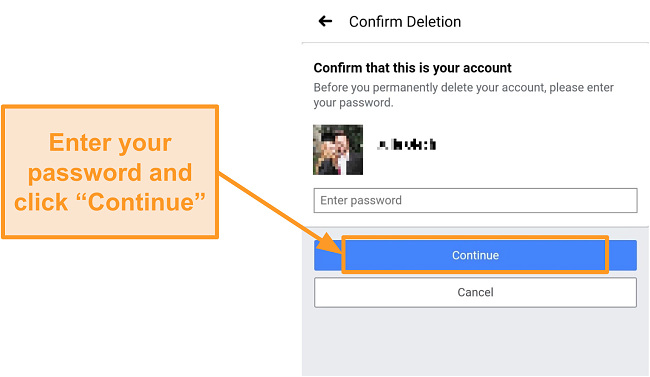 Screenshot of entering password to confirm deletion