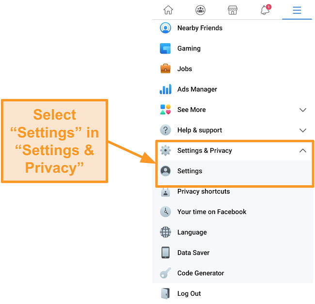 Screenshot of where to find Settings in Facebook's mobile app