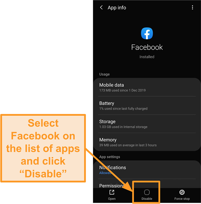 Screenshot of disabling the Facebook mobile app