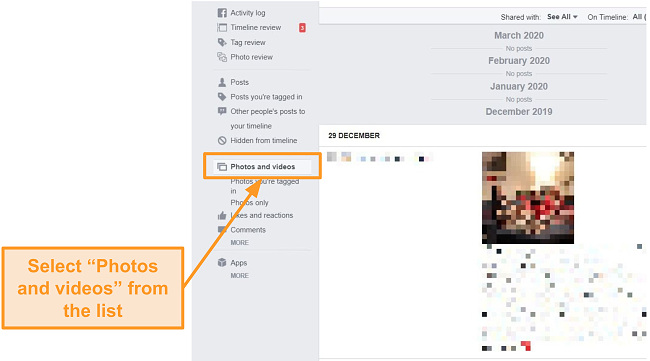 Screenshot of where to find old photos and videos on Facebook