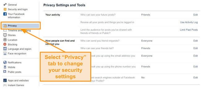 Screenshot of privacy settings