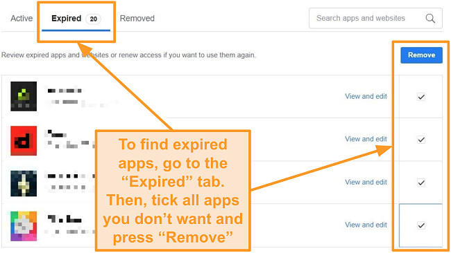 Screenshot of removing expired apps on Facebook
