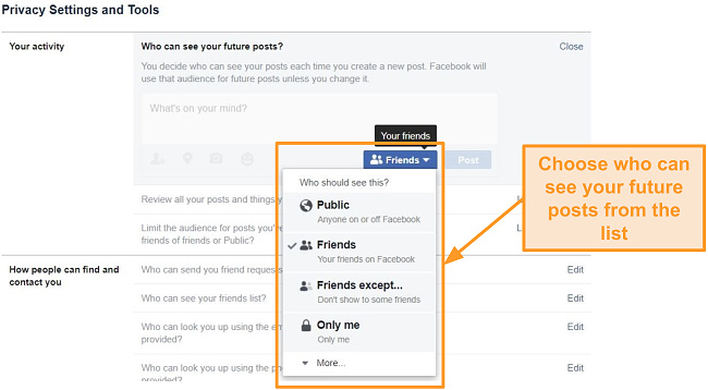Screenshot of selecting who can see your future posts on Facebook