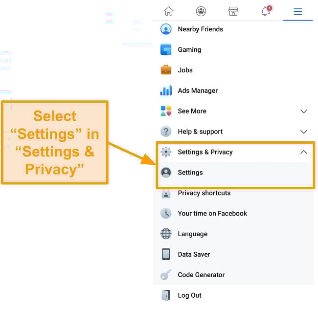 Screenshot of where to find Settings in Facebook app