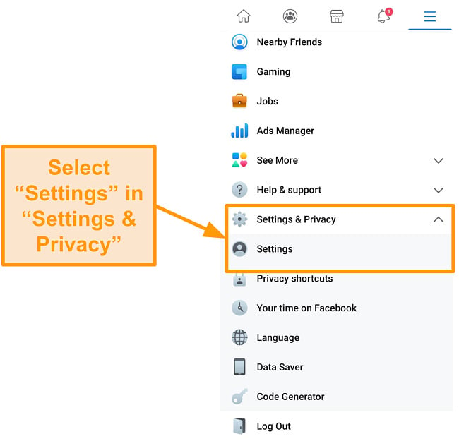 Screenshot of where to find Settings in Facebook app