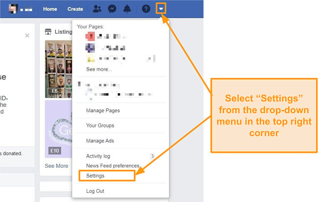 Screenshot of how to access Settings on Facebook