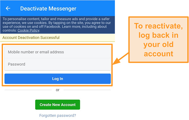 Screenshot of successful Messenger deactivation