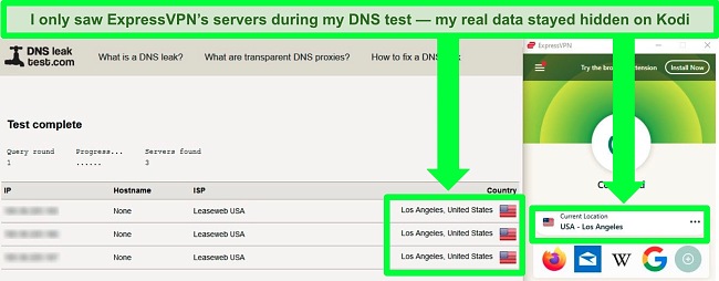 Screenshot of ExpressVPN passing a DNS leak test while connected to a server in Los Angeles