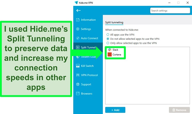 Screenshot of Hide.me's settings screen showing the Split Tunnel tab