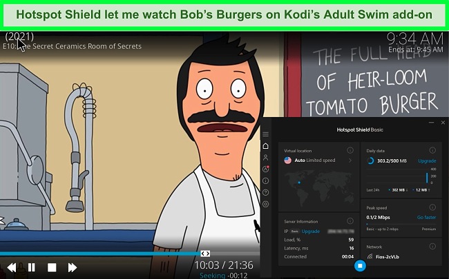 Screenshot of Bob's Burgers playing in Kodi while Hotspot Shield is connected to a server in the US