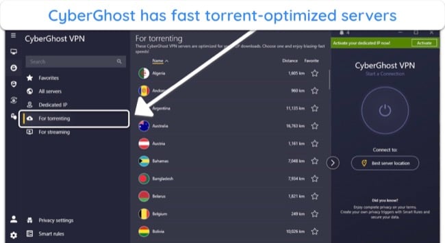 Screenshot of CyberGhost's torrent-optimized servers