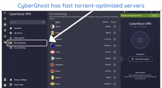 Screenshot of CyberGhost's torrent-optimized servers