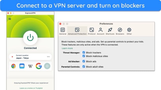 Screenshot of ExpressVPN connected to a server and its Advanced Protection blocker options