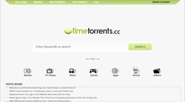 image of LimeTorrents homepage
