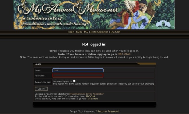 Screenshot of MyAnonaMouse homepage requiring login