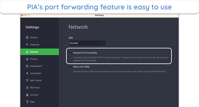 Screenshot of PIA's port forwarding feature on its app
