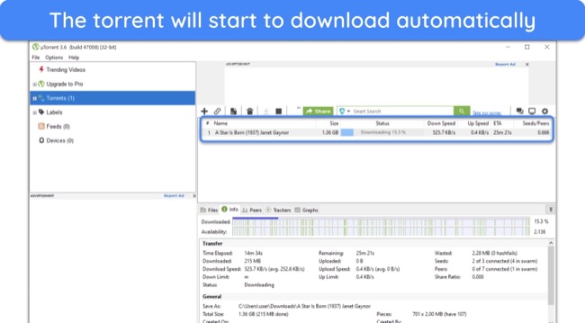 Screenshot of 'A Star is Born' downloading on uTorrent