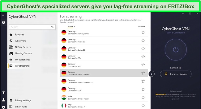 Screenshot of CyberGhost's menu of servers speicalized for streaming services like Netflix Germany