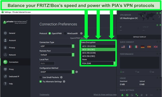Screenshot of PIA's Connection Preferences menu and Data Encryption drop-down