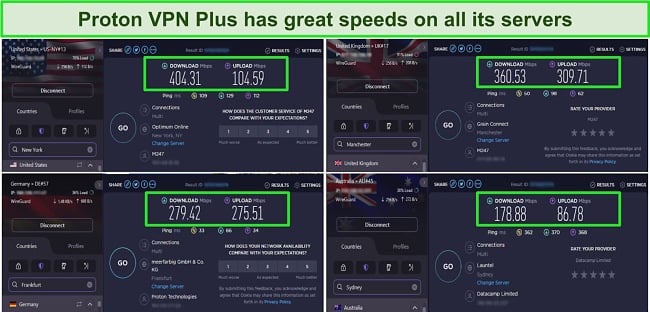 Screenshot of Proton VPN speed tests showing servers in the US, UK, Germany, and Australia