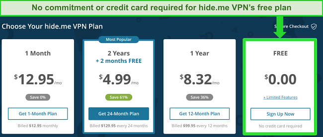 Screenshot of hide me VPN's free and paid plans on the website