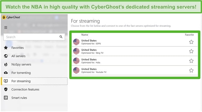 Screenshot of CyberGhost's dedicated streaming servers that can access the NBA Playoffs.