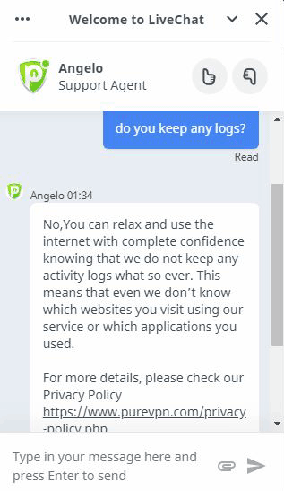 PureVPN do not keep any logs chat